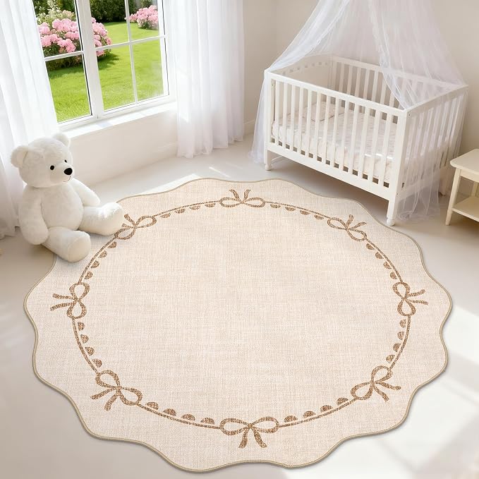 GarveeHome 6ft Round Rugs Washable Scalloped Bow Rug for Bedroom, Beige | Non Slip Soft Low Pile Ultra-Thin Indoor Carpet for Living Room Nursery Girls Dorm Decor Kids Room Playroom