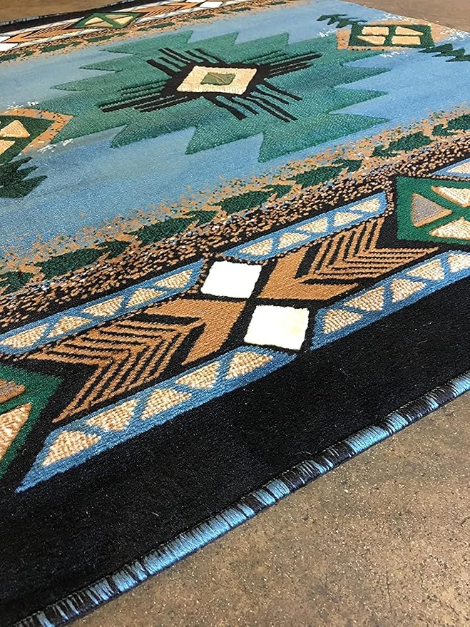 YHSF South West Native American Area Rug C318 - Easy Clean, Thick, Soft, Durable Native Tribal American Indian Inspired Rug for Bedroom/Living Room and More - Blue-Green, 3 Feet x 4 Feet 7 Inches