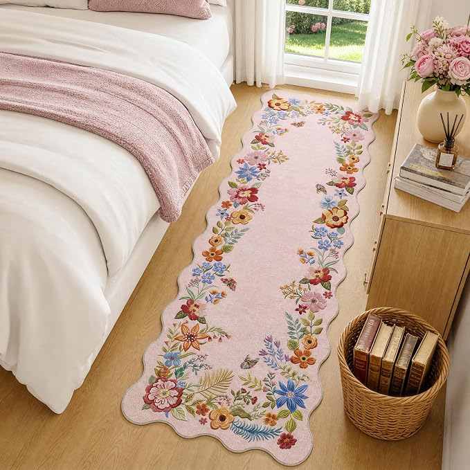 FMFUNCTEX 2x6 Hallway Runner Rug Washable Blush Pink Scalloped Floral Boho | Vintage Non Slip Flower Colorful Traditional Low Pile Pattern Indoor Carpet Entryway Rugs Kitchen Bedroom Laundry Bedside