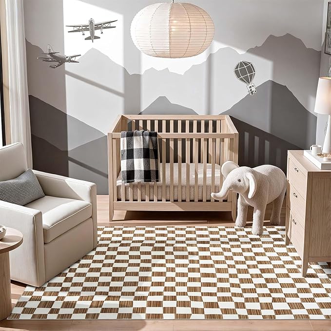 jinchan 5x7 Area Rug Washable Modern Checkered Rug for Kids Room, Brown | Geometric Lattice, Soft, Non-Slip, Floor Carpet, Kitchen, Nursery, Bedroom, Living Room, Dining Room, Nursery, Playroom