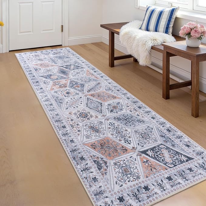 Moroccan Vintage Distressed Boho Floral Geometric 2.7x10 Runner Rug | Washable Non Slip Throw Floor Long Carpet Runner for Hallway Entryway Kitchen Bathroom Bedroom Livingroom Light Grey