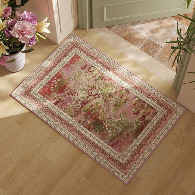 Rugcomf 2x3 Rug Impressionist-Style Vintage Indoor Door Mat Machine Washable Small Area Rug Non-Slip Low Pile Throw Rugs for Entryway Kitchen Front Door Indoor Entrance Entry Kids Room, Pink