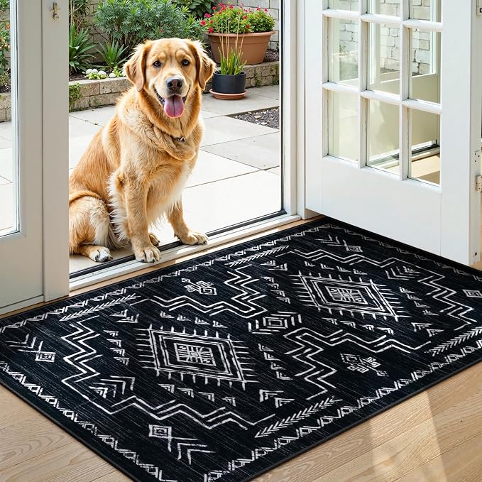 STARUIA 3x5 Washable Area Rug Western, Non-Slip Small Entryway Rug Black Aztec Tribal Classic Boys Rug for Bedroom Living Room Low-Pile Carpet for Indoor Kitchen Bathroom(Black 3'x5')