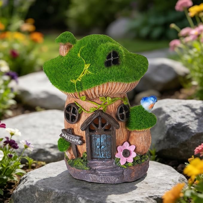 Mushroom Fairy Garden House, Solar Fairy House for Outside Decor with Bird, Outdoor Garden Statues for Yard, Lawn, Balcony,Patio, Outdoor Figurine Lights Gifts for Mom Women