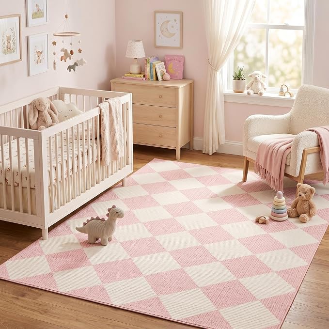 GarveeHome 5x7 Modern Checkered Area Rug Pink Washable Living Room Non Slip | Rugs for Bedroom Soft Low Pile Non Slip Diamond Floor Mat Plaid Print Throw Rug Indoor Carpet Dining Room Playroom