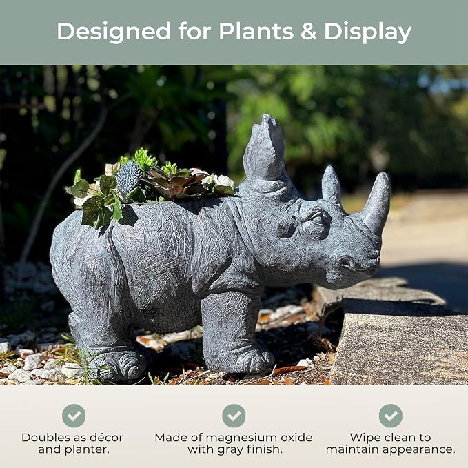 Zeckos Charming Grey Rhino MGO Planter with Drain Holes, 18.5 inches - Weather-Resistant Magnesium Oxide for Garden or Patio Decor - Unique Animal Theme Planter, Perfect for Indoor/Outdoor Use