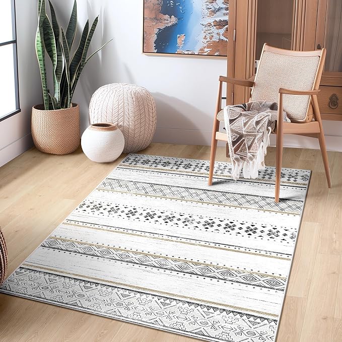 3x5 Washable Area Rugs for Living Room Boho Bathroom Rug Black/Brown | Vacuum Friendly, Machine Washable, Non-Slip Rug, Stain Resistant, Moroccan Geometric, Low Pile Carpet, Entryway Kitchen