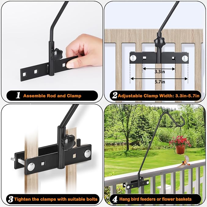 FEED GARDEN 2 Pack 13.5 Inch Deck Hooks for Vertical Railing, Adjustable Deck Bird Feeder Hanger for Hanging Lanterns, Wind Chimes, Flower Baskets, Suet Feeders