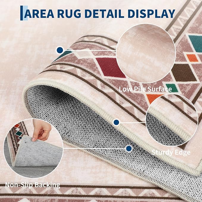 Garvee 4x6 Area Rugs Vintage Border Washable Rugs Soft Rug, Beige | Boho Area Rug Stain Resistant Easy Cleaning Throw Rugs Non Shedding Low Pile Floor Cover for Nursery Dining Room