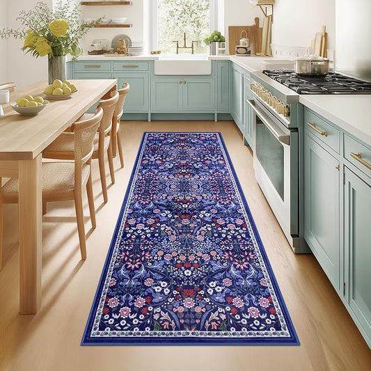 PLHXFR 2x5 Washable Runner Rug：Floral Indoor Kitchen Soft Carpet Blue | For Hallway Bedroom Kitchen Laundry Bathroom Dorm,Vintage Floral,Machine washable,Non Slip,Stain Resistant,Indoor Floor