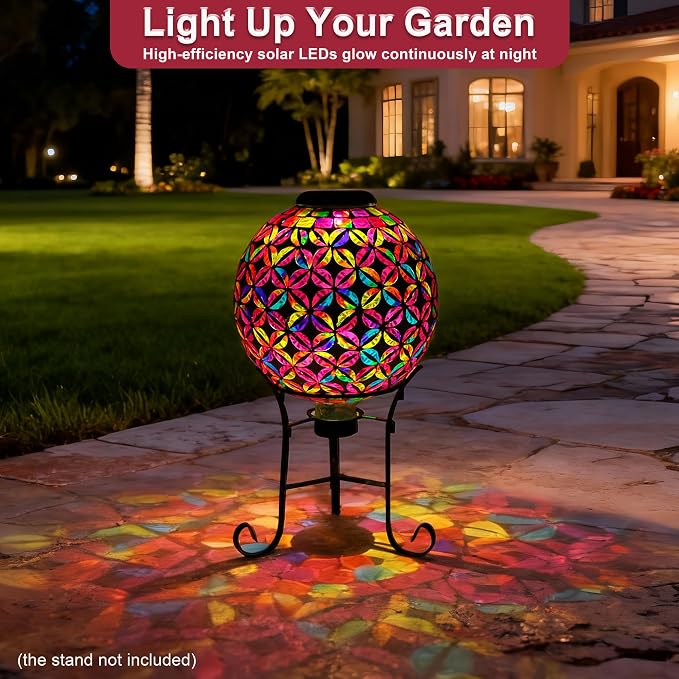 SAVENNA Mosaic Solar Gazing Ball 10 Inch, Glass Garden Globe with Auto On/Off for Yard, Lawn & Outdoor Decor, Multicolor Geometric