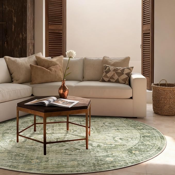 4ft Washable Round Rugs for Bedroom: Circle Living Room Rug Boho Vintage Non Slip Low Pile Soft Faux Wool Non Shedding Small Carpet Rug for Kitchen Entryway Bathroom Bedside Home Office Dorm Kids Room