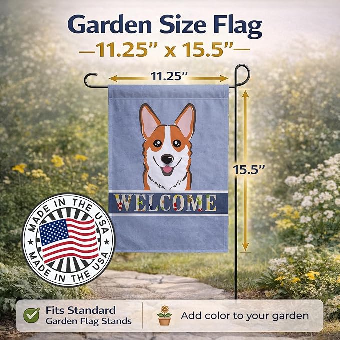 Caroline's Treasures BB1440GF Red Corgi Welcome Garden Flag, Blue Mailbox Flag Decorative Yard Flag Banner Outside Patio Artwork Yard Flower Beds, Garden Size, Multicolor