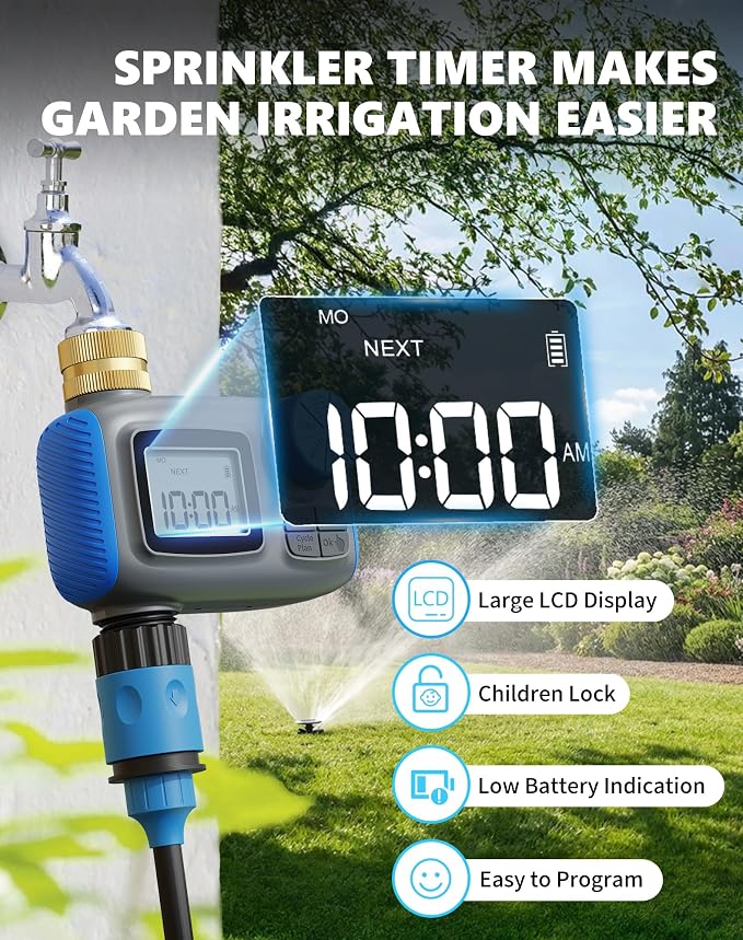 Sprinkler Timer with Brass Swivel, Hose Timers for Watering, Water Timer for Garden Hose, Digital Irrigation with Rain Delay & Manual Mode, Automatic Watering System for Outdoor Garden Lawn