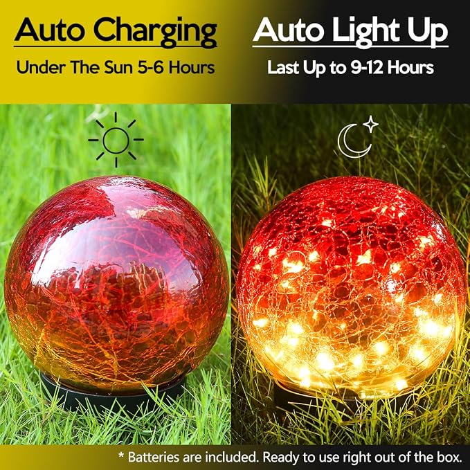 Outdoor Waterproof Solar Gradient Red Globe Lights, Led Solar Round Gazing Balls Ornaments for Lawn Garden Patio Table Art Decoration, Back Yard Landscape Illuminated Cracked Glass Sphere Light Orbs