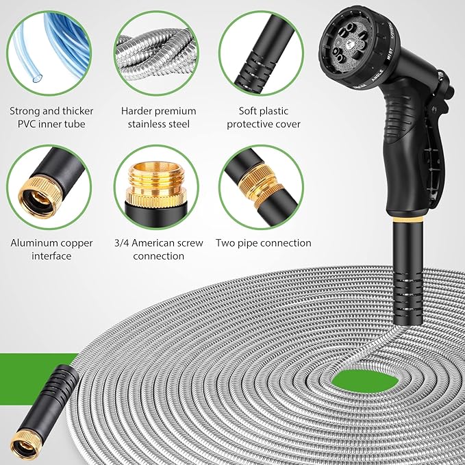 Garden Hose Metal 100FT, Stainless Steel Heavy Duty Water Hose With 10 Function Nozzle, No-Kink, Tough & Flexible, Sturdy and Lightweight, Rust Proof for Yard, Outdoor, RV