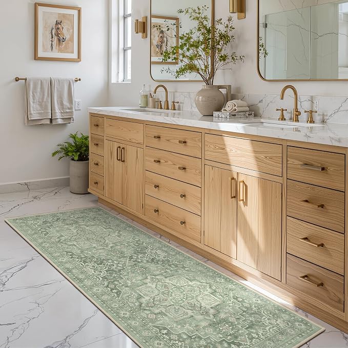Sage Green 2x6 Runners for Kichen Floor Washable Non Skid, Soft Green Medallion Hallway Runner Rug for Entryway Foyer Mudroom, Cottagecore Carpet Runners 6ft for Bedside Bathroom Laundry Room