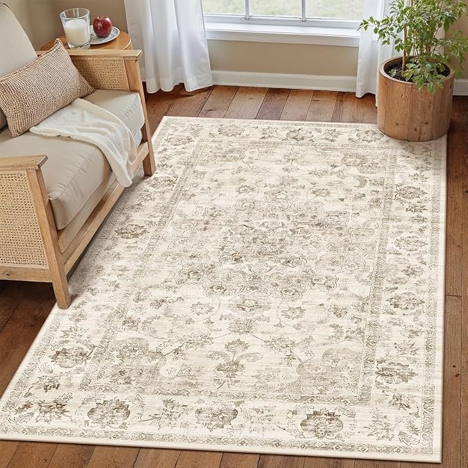 3x4 Beige Neutral Area Rug | Washable, Non Slip, Soft Low Pile, Vintage Farmhouse, for Entryway Kitchen Bathroom Living Room Bedroom Indoor Home Decor