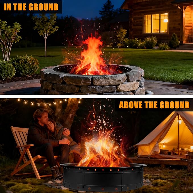 Fire Pit Ring, 31 Inch Round Steel Firepit, Black, Powder Coated, Wood Burning, Air Vent for Efficient Burning