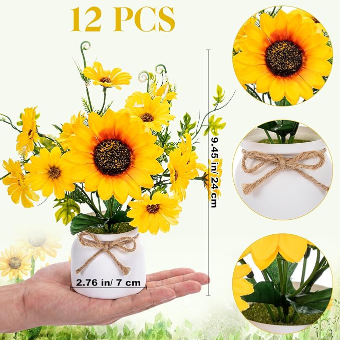 Zeyune 12 Pcs Sunflower Potted Plants Rustic Summer Spring Kitchen Wedding Table Centerpieces Silk Yellow Fake Flower with Plastic Pot for Home Bathroom Office (White,Daisy)