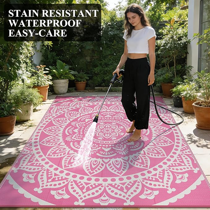 Bsmathom Waterproof Outdoor Rug 8'x10' Reversible Boho Plastic Straw Patio Deck Camping Rugs, Indoor Outdoor Portable RV Mat Clearance Carpet for Outside, Porch, Balcony, Backyard, Beach, Pool,Pink