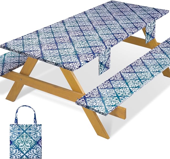 Fitted Waterproof Picnic Table Cover with Bench Covers Elastic Reusable Camping Table Cloths for 6Ft Rectangle Tables Summer Camp Motorhome Party Gear Outdoors Car Travel Trailer Gadgets Gift