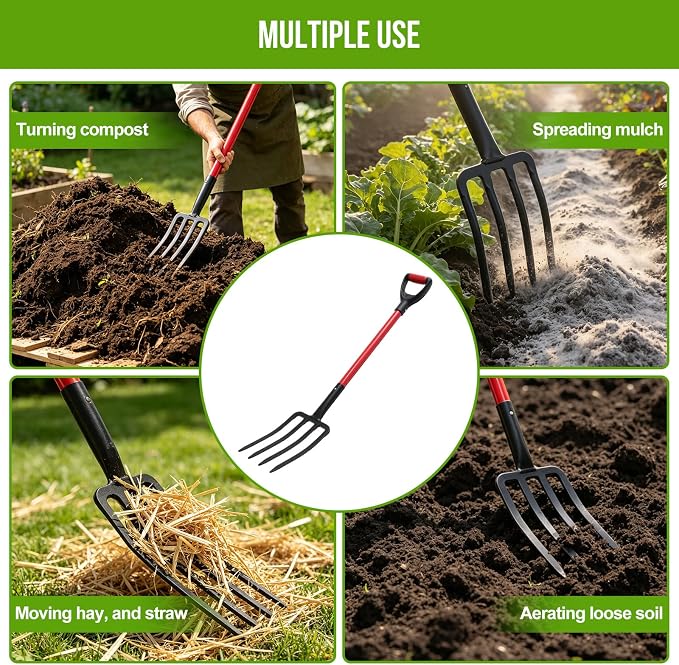 Pitch Fork, 42.5 inch One-Piece Garden Fork with Metal 4 Tines & Fiberglass D Handle, Heavy Duty Pitchforks for Gardening Digging Composting Soil Loosening