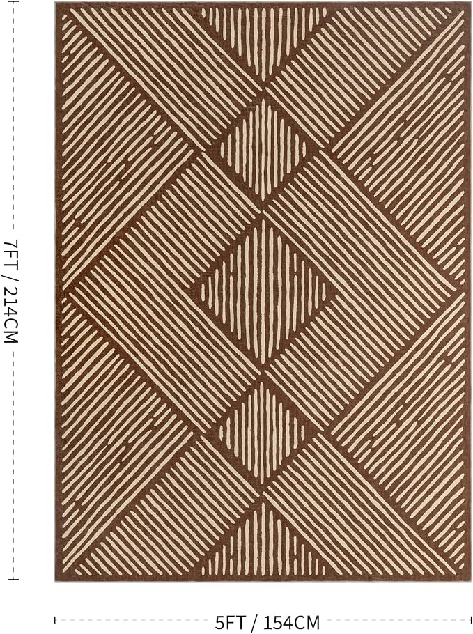 5‘x7' Washable Brown Stripe Area Rug for Living Room | Non-Slip, Soft, Low Pile, Stain Resistant, Earth Tone Geometric Rug for Bedroom Dining Room