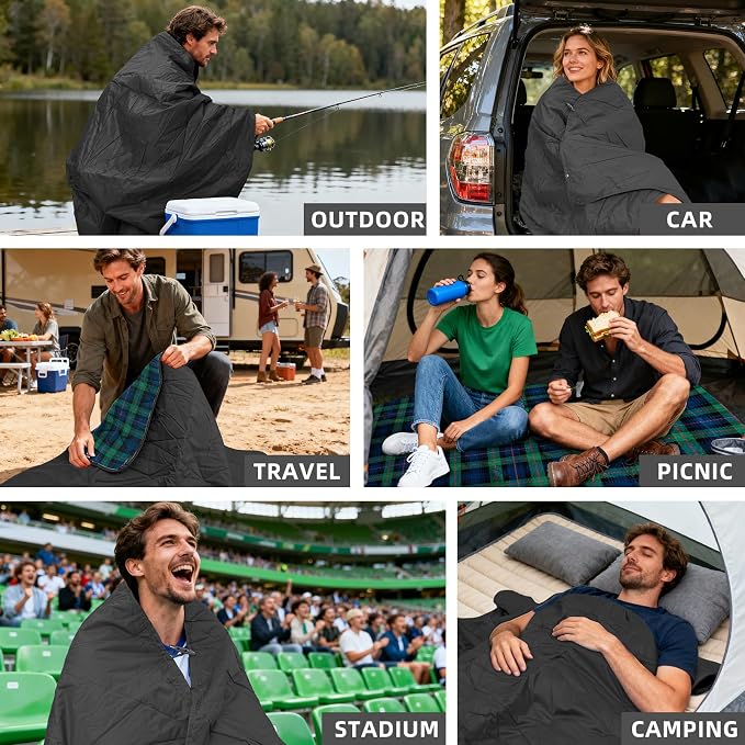 Large Waterproof Outdoor Blanket Thick Fleece 80" x 58" | Windproof Stadium Blanket, Wearable Poncho, Machine Washable for Camping, Car, Pet, Picnics - Green Check