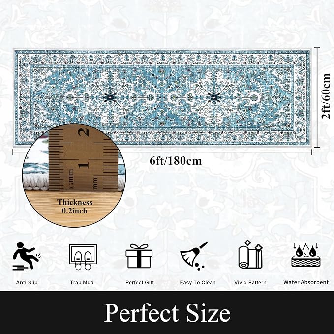 U'Artlines 2' x 6' Boho Hallway Runner Rug, Washable Carpet, Teal | Non Slip, Vintage Farmhouse Accent Area Rug Carpet, for Kitchen Entryway Laundry and Living Room
