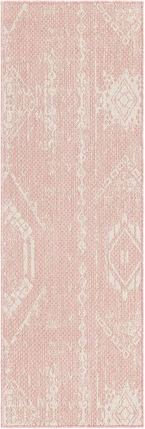 Unique Loom Outdoor Bohemian Collection Area Rug - Anthro (2' x 6' 1" Runner, Pink/ Ivory)