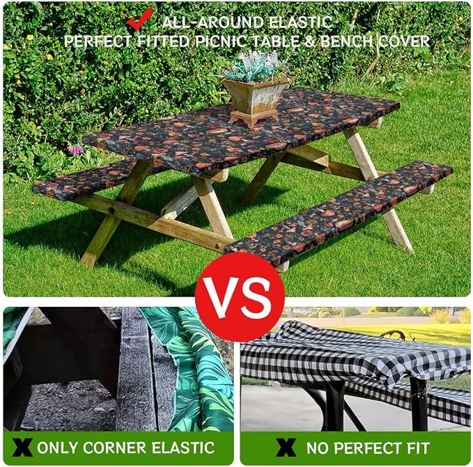 Mushroom Picnic Table Cover with Bench Covers and Carrying Bag, Forest Floral Plant Retro Rectangle Table Cover, Outdoor Patio Camping Essentials 6FT 4PCS, Camping Fitted Tablecloth