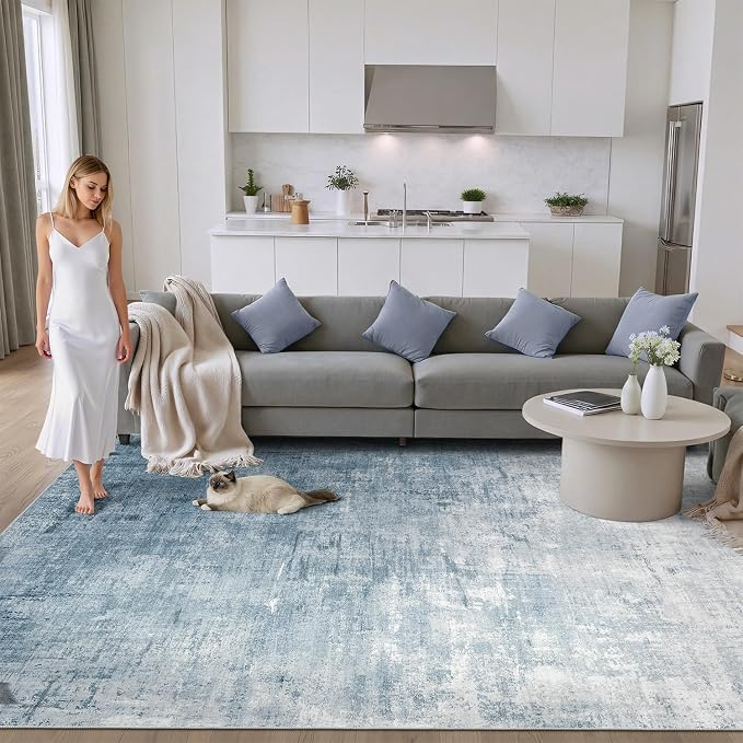DCX Washable Abstract Area Rug 9x12, Non Slip Low Pile Rug, Blue | Easy to clean, non-shedding, soft, kid & pet friendly, with a non-slip rubber backing for living rooms, bedrooms, and offices