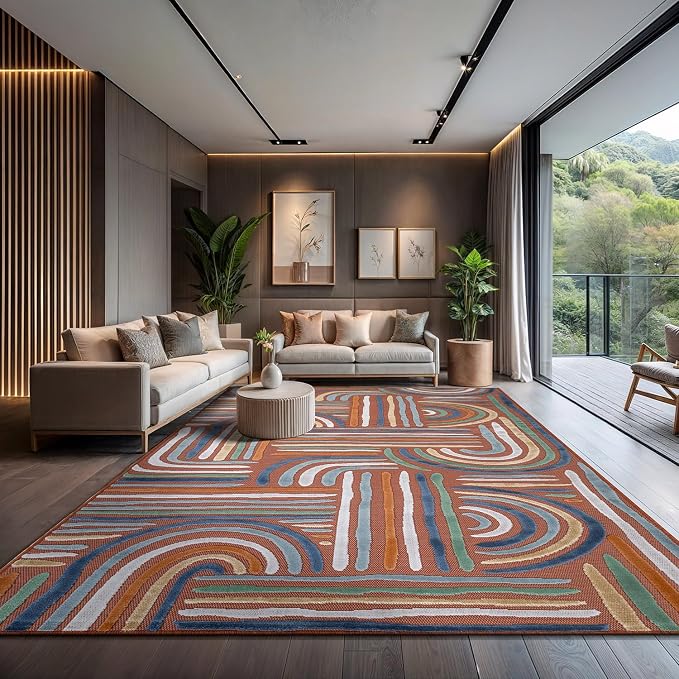 CAMILSON Indoor Outdoor Rug, Orange 8x10 Geometric Arch Striped Area Rugs for Patio and Home Areas, Easy-Cleaning Non-Shedding Living Room, Garden and Deck Washable Outside Carpet (8 x 10)