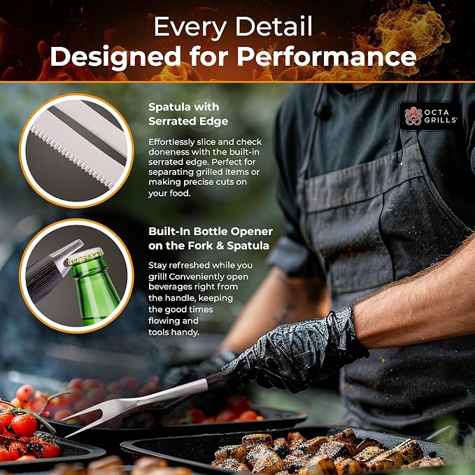 3-Piece BBQ Utensil Set – Premium Stainless Steel Grill Tools with Extra Wide Spatula - Black Pakka Wood Handles & Leather Hanging Loops (Spatula, Tongs & Fork)