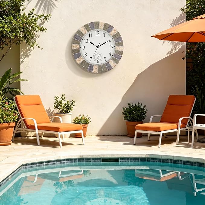 UMEXUS Outdoor Indoor Clock, 13 Inch Waterproof Wall Clocks with Thermometer，Silent Non-Ticking Battery Operated Decor for Patio, Garden, Porch, Pool, Living Room (Marble Gray)