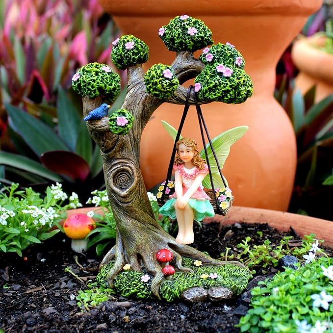 PRETMANNS Fairies for Fairy Garden Outdoor - Miniature Fairy Figurines Set with Tree Swing & Puppy - Indoor Outdoor Fairy Garden Accessories Kit - Starter Supplies for Fairy Village