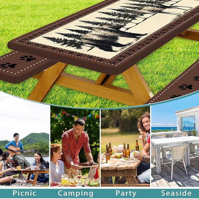 Picnic Table Cover with Bench Covers and Bag, Farmhouse Bear Camper Waterproof Windproof, Fitted Tablecloth Cover with Elastic Edge, for Indoor & Outdoor, Garden, Camping, 3 Pieces Set, 30x96 Inch
