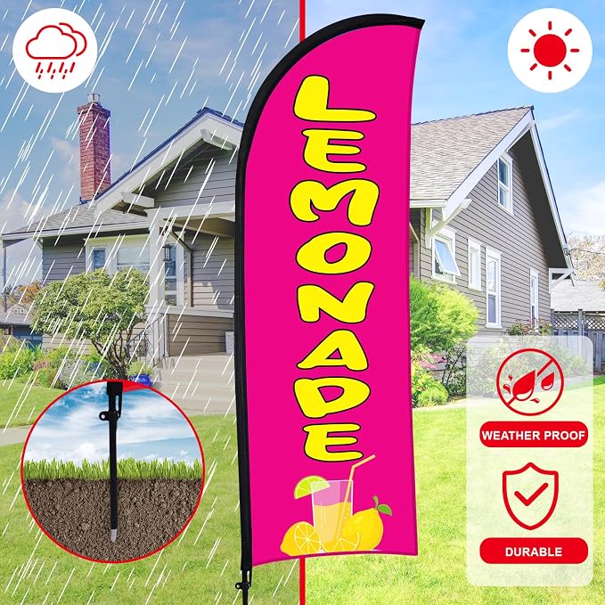 Hahafelt 2 Sets Lemonade Open Feather Flag for Business Advertising 8 ft Feather Flag Sign with Flagpole Ground Stake Portable Bag Lemonade Banner for Outside Park Garden Restaurant(Rose Pink)