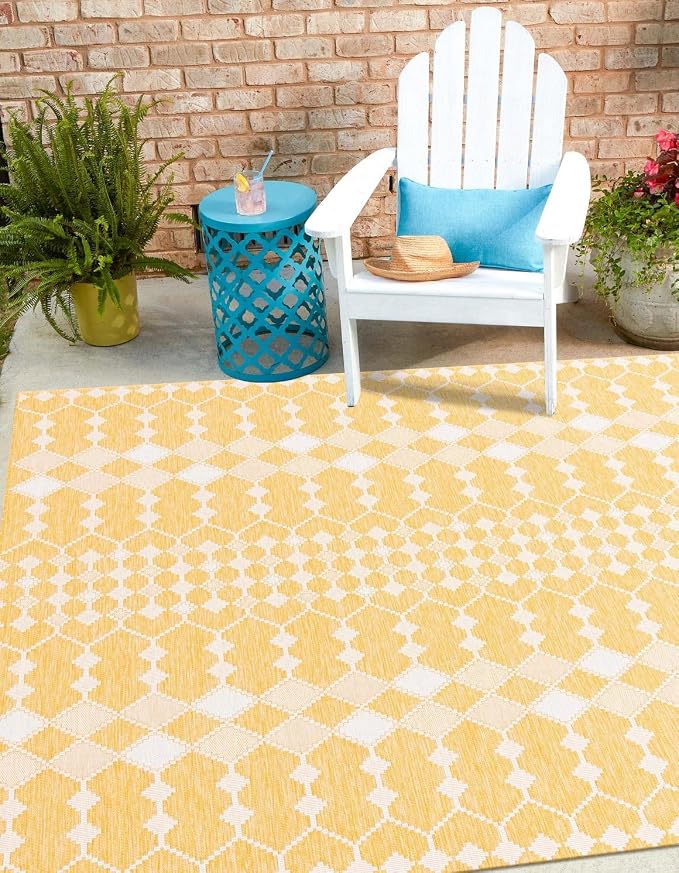 Unique Loom Outdoor Trellis Collection Area Rug - Traliccio (10' Square, Yellow/ Ivory)