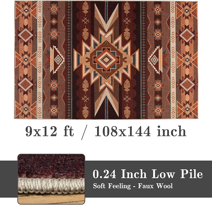 9x12 Western Rustic Aztec Area Rug for Living Room Bedroom Dining Room | 9x12 Southwestern Tribal Red Brown Low Pile Faux Wool Rug, Machine Washable Non-Slip Carpet for Living Room Dining Bedroom