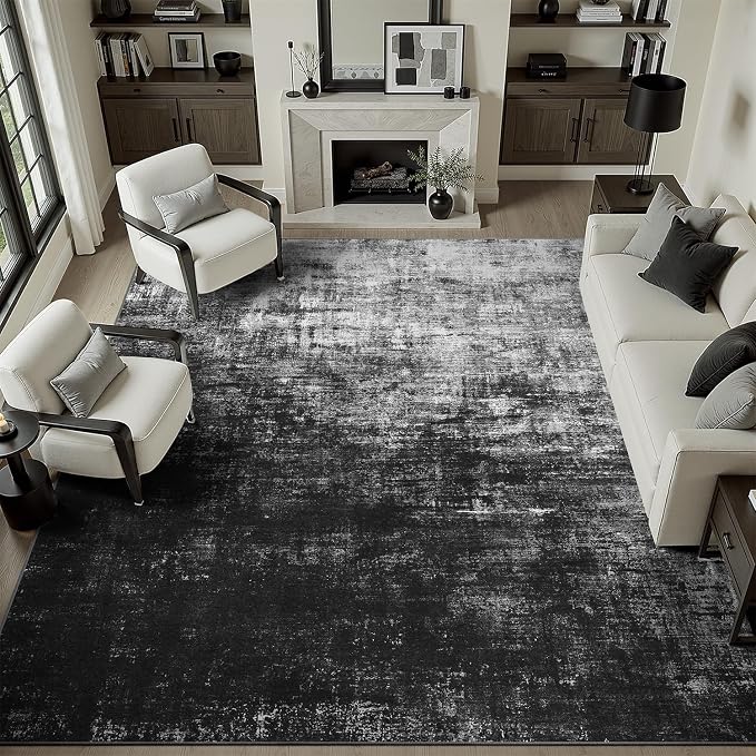 DCX Washable Abstract Area Rug 6x9, Non Slip Low Pile Rug, Black | Easy to clean, non-shedding, soft, kid & pet friendly, with a non-slip rubber backing for living rooms, bedrooms, and offices