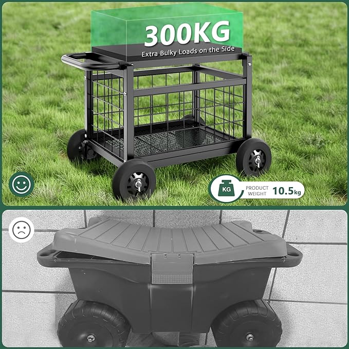Garden Cart with Seat,3-in-1 Rolling Seat with Wheels for Gardening Seniors | Upgraded Heavy Duty Gardenning Cart with Seat, Supports up to 500 LBS for Seniors, Lawn, Patio & Backyard Gardening, Black