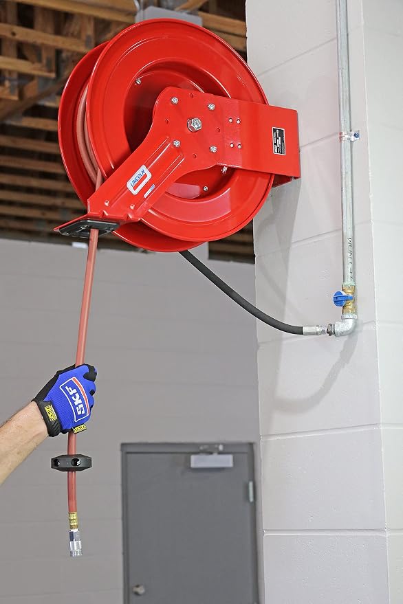 Lincoln 83753 Value Series Air/Water Retractable Hose Reel with 50' x 3/8" Rubber Air Hose, 1/4" NPT, 300 PSI, Slotted Mounting Base, 5-Position Adjustable Outlet Arm, All-Steel Construction, Red