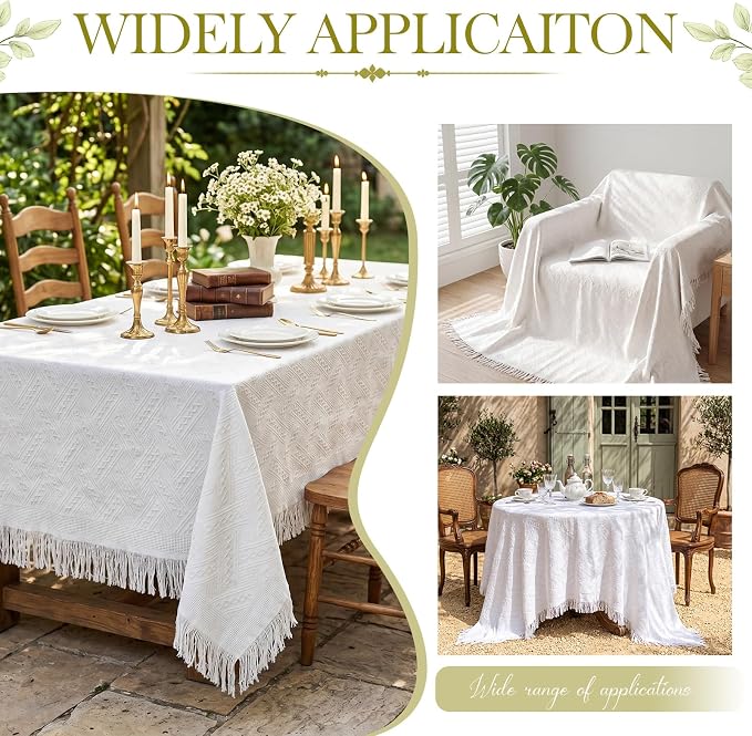1 Pack White Extra Large Picnic Blanket, Outdoor Picnic Mat, Woven Boho Large Beach Blanket with Fringe for Park, Camping, Lawn or Wedding Photoshoot (91 x 109 Inches)