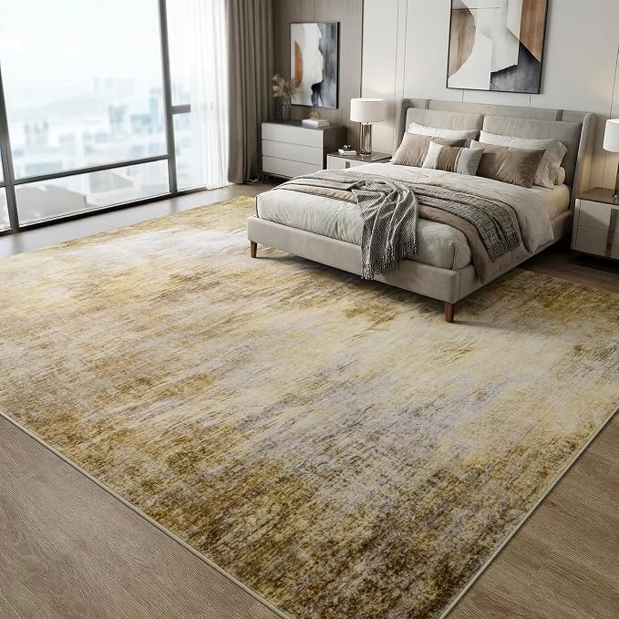 Abstract Area Rugs 8x10 Mid-Century Retro Distressed Gold Washable | TPR Non-Slip Backing Vintage Low-Pile Rug, Anti-Shedding Aesthetic Carpet for Living Room, Bedroom, Home Decor, Golden Fall