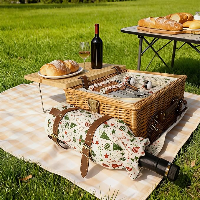 Wicker Picnic Basket Kit Set for 2 Adults with Blanket and Folding Wine Table,Multifunctional Picnic Set Insulated Portable Storage Capacity Full Tablewares,Camping,Outdoor,Wedding Gifts,Beach