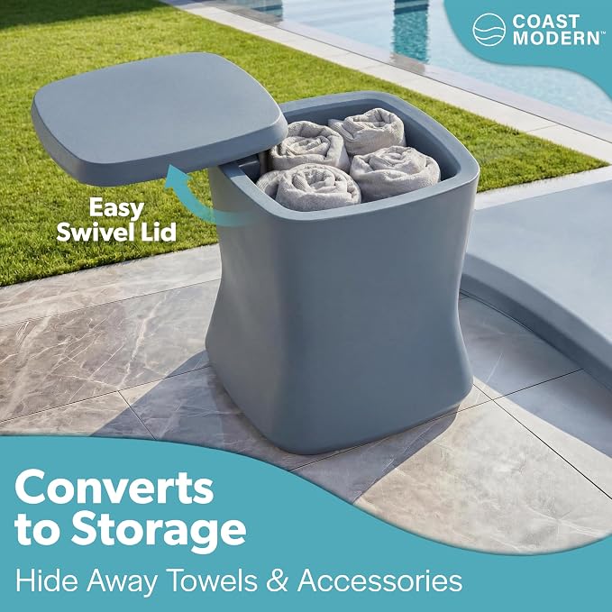 Coast Modern Outdoor Side Table Cooler- 2 in 1 Patio Decor Storage Table & Ice Chest - 25 QT - White, Gray, Sand, Stone Blue, Black