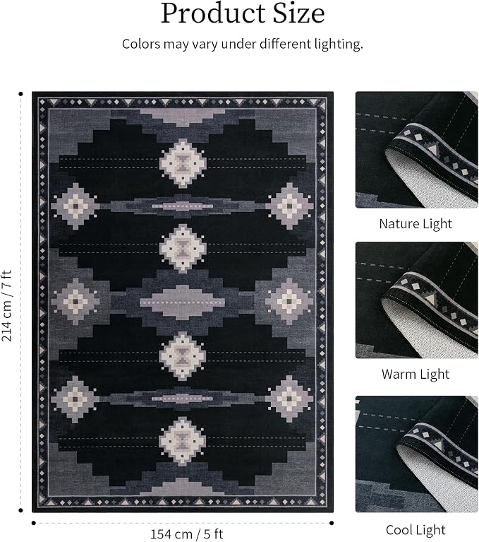 5'x7' Washable Area Rug for Living Room, Black and Grey Western Aztec Rug | Soft, Non-Slip, Southwestern Geometric Design, for Boy Bedroom Dining Room Playroom, Low Pile, Pet Friendly, Stain Resistant
