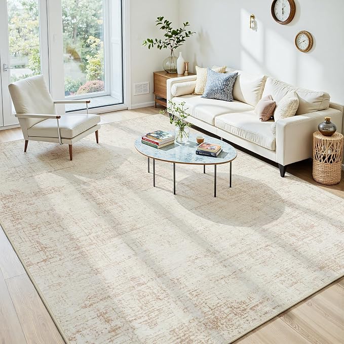 6x9 Washable Area Rug for Living Room Bedroom: Non-Slip Modern Beige White | Machine Washable TPR Backing, Stain-Resistant Low Pile, Pet & Kid Friendly, Abstract Decor for Dining Room, Dorm, Home Office